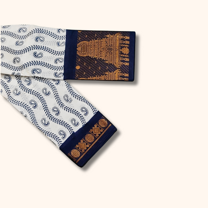 White Paisley Cotton Saree with Navy Blue Temple Zari Border