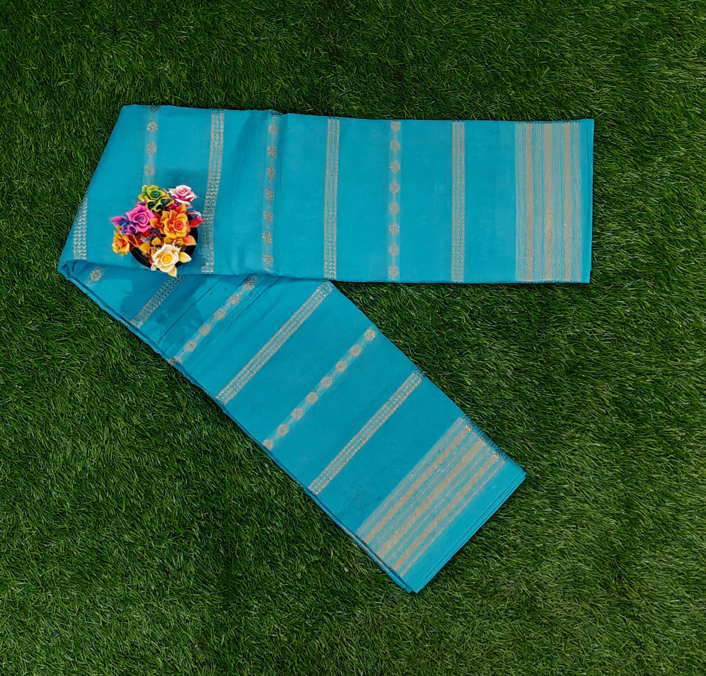 Authentic Turquoise Blue Cotton Saree with Gold Zari Border
