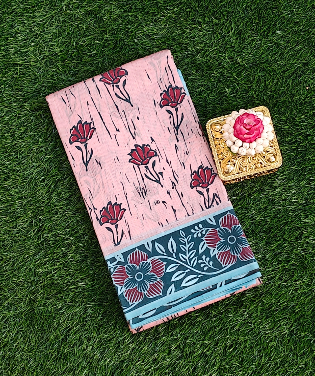 South Indian Pure Cotton Saree with Floral Block Print – Peach Pink Shade