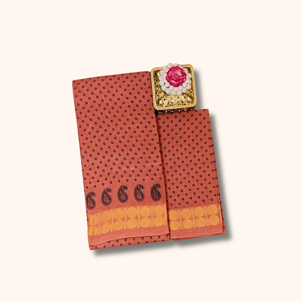 Rust Orange Sungudi Cotton Saree with Dotted Pattern & Paisley Zari Border