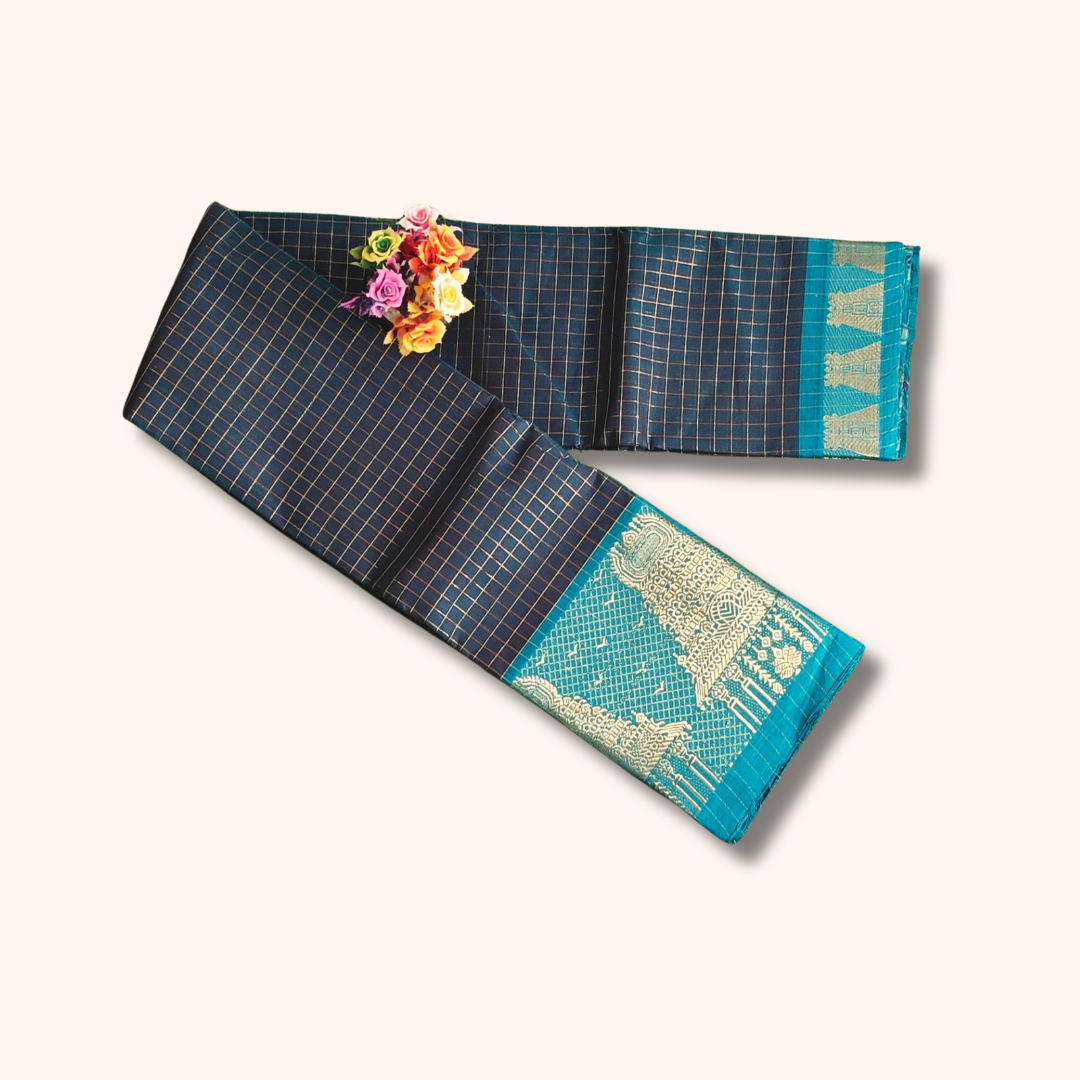 Authentic Teal Green Chettinad Cotton Saree with Meenakshi Gopuram Border