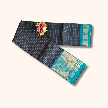 Authentic Teal Green Chettinad Cotton Saree with Meenakshi Gopuram Border