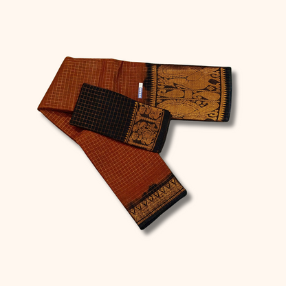 Rust Brown & Black Sungudi Cotton Saree with Peacock Pallu – Separate Blouse Piece