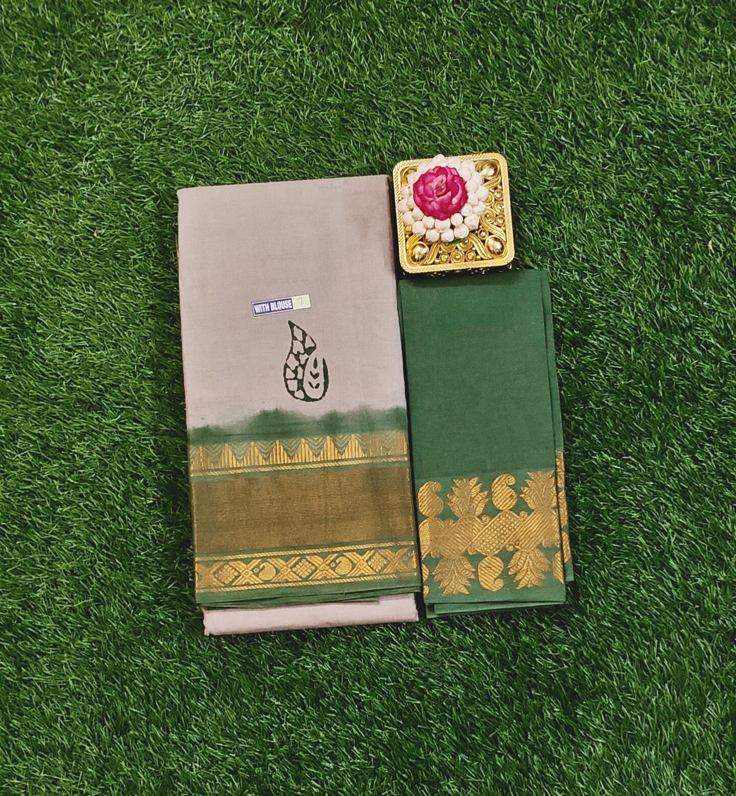 Beautiful Grey Sungudi Cotton Saree with Green Zari Border & Contrast Blouse