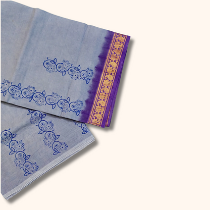 Light Blue Cotton Saree with Floral Motifs & Purple Zari Border – Without Blouse
