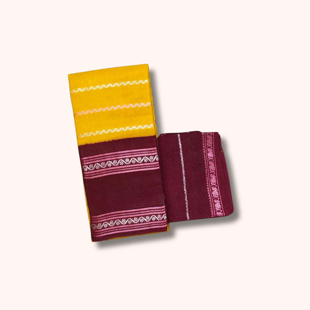 Mustard Yellow Cotton Saree with Maroon Contrast Blouse