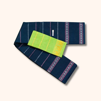 Navy Blue Sungudi Cotton Saree with Parrot Green Blouse – Separate Blouse Piece