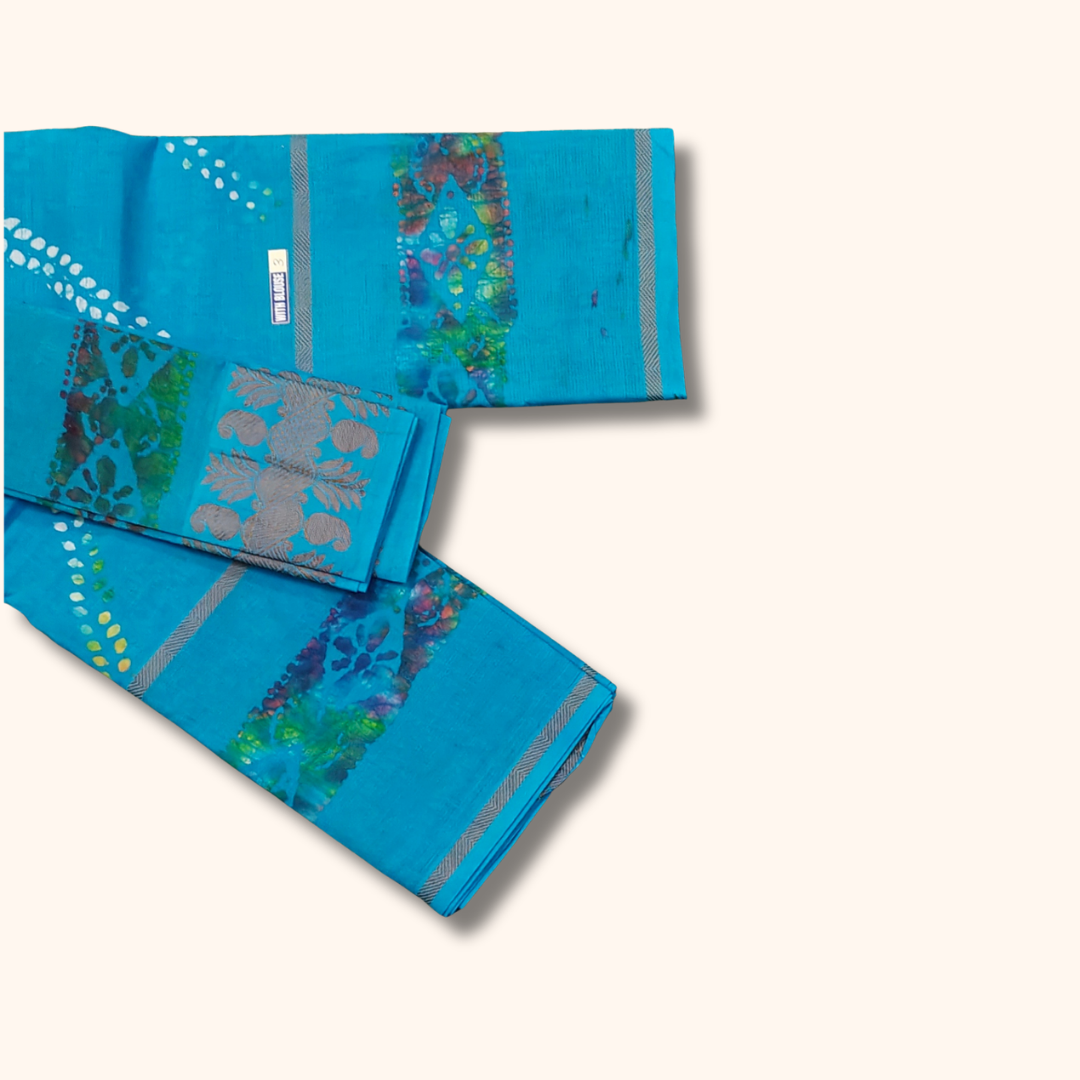 Sky Blue Batik Cotton Saree with Separate Blouse Piece