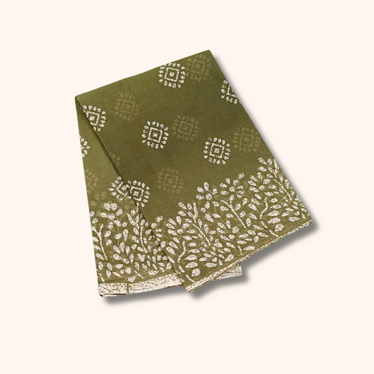 Olive Green Cotton Saree with White Floral & Geometric Prints – Separate Blouse