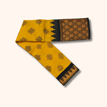 Mustard Yellow Kolam Print Cotton Saree with Black Geometric Border