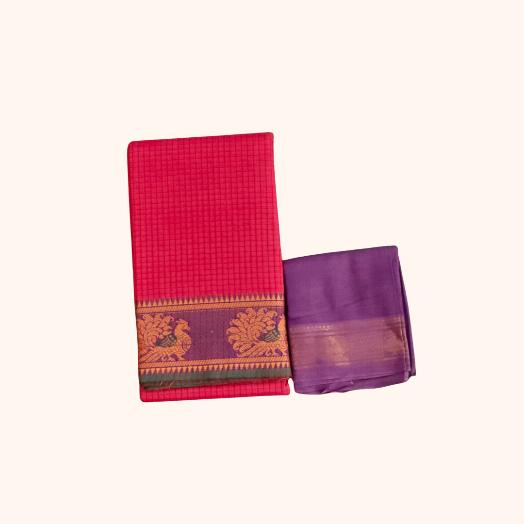 Red Checked Chettinad Cotton Saree Purple Blouse