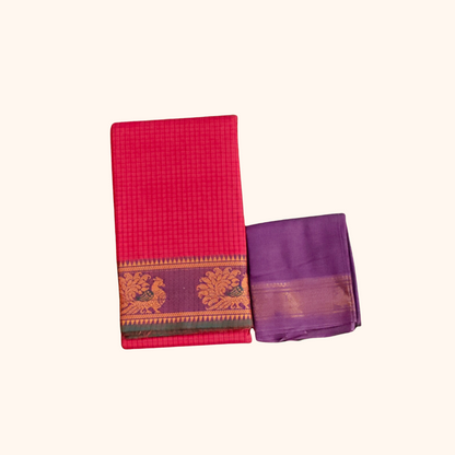 Red Checked Chettinad Cotton Saree Purple Blouse