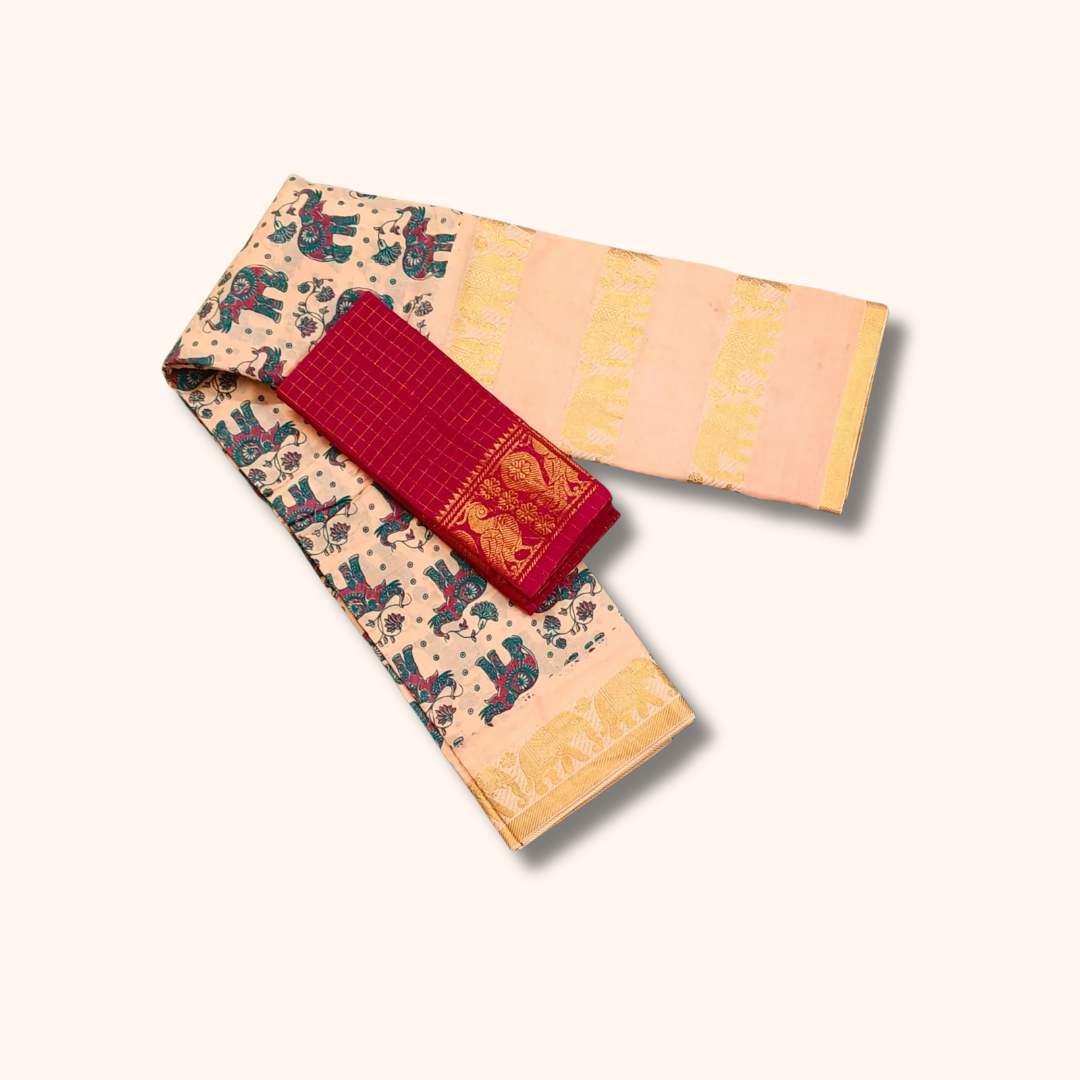 Peach Pure Cotton Printed Saree with Maroon Contrast Blouse