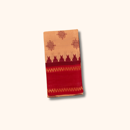 Peach Cotton Saree with Maroon Temple Border – Running Blouse