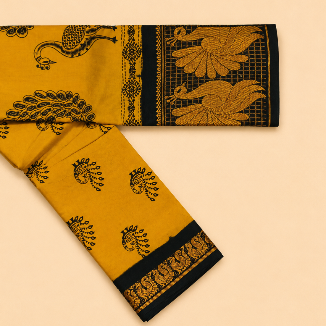 Attractive Mustard Yellow Printed Cotton Saree with Black Peacock Border