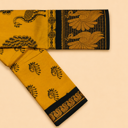 Attractive Mustard Yellow Printed Cotton Saree with Black Peacock Border