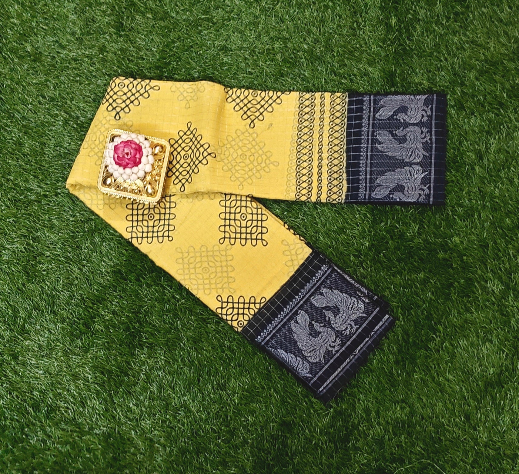 Beautiful Lemon Yellow Kolam Design Sungudi Cotton Saree with Black Zari Border