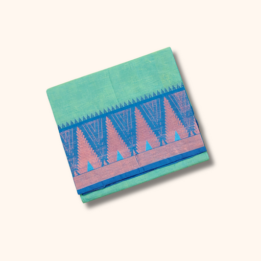 Aqua Blue Chettinad Cotton Saree with Traditional Tower Border