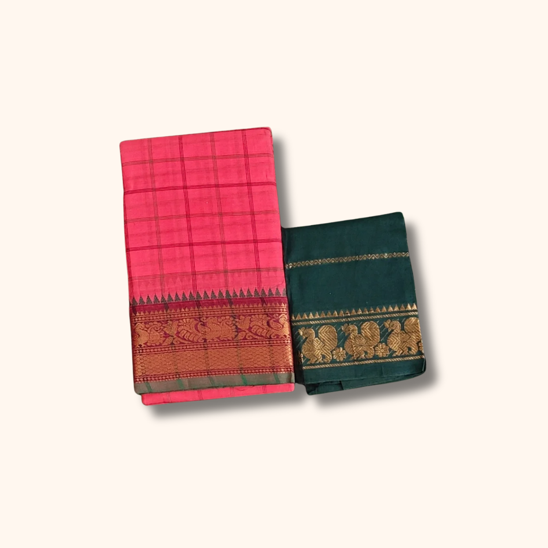 Pink Checked Chettinad Cotton Saree with Peacock Zari Border & Separate Blouse Piece