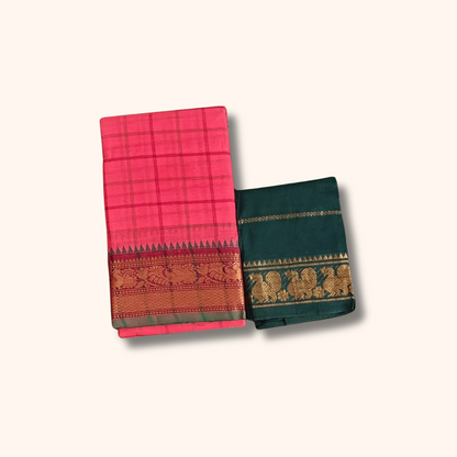 Pink Checked Chettinad Cotton Saree with Peacock Zari Border & Separate Blouse Piece