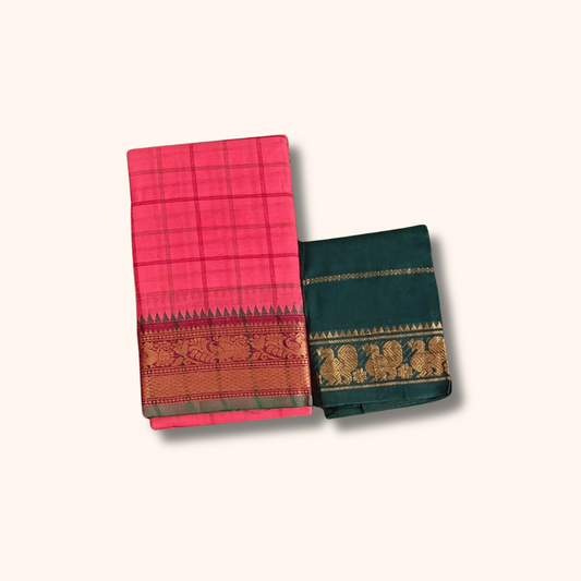 Pink Checked Chettinad Cotton Saree with Peacock Zari Border & Separate Blouse Piece