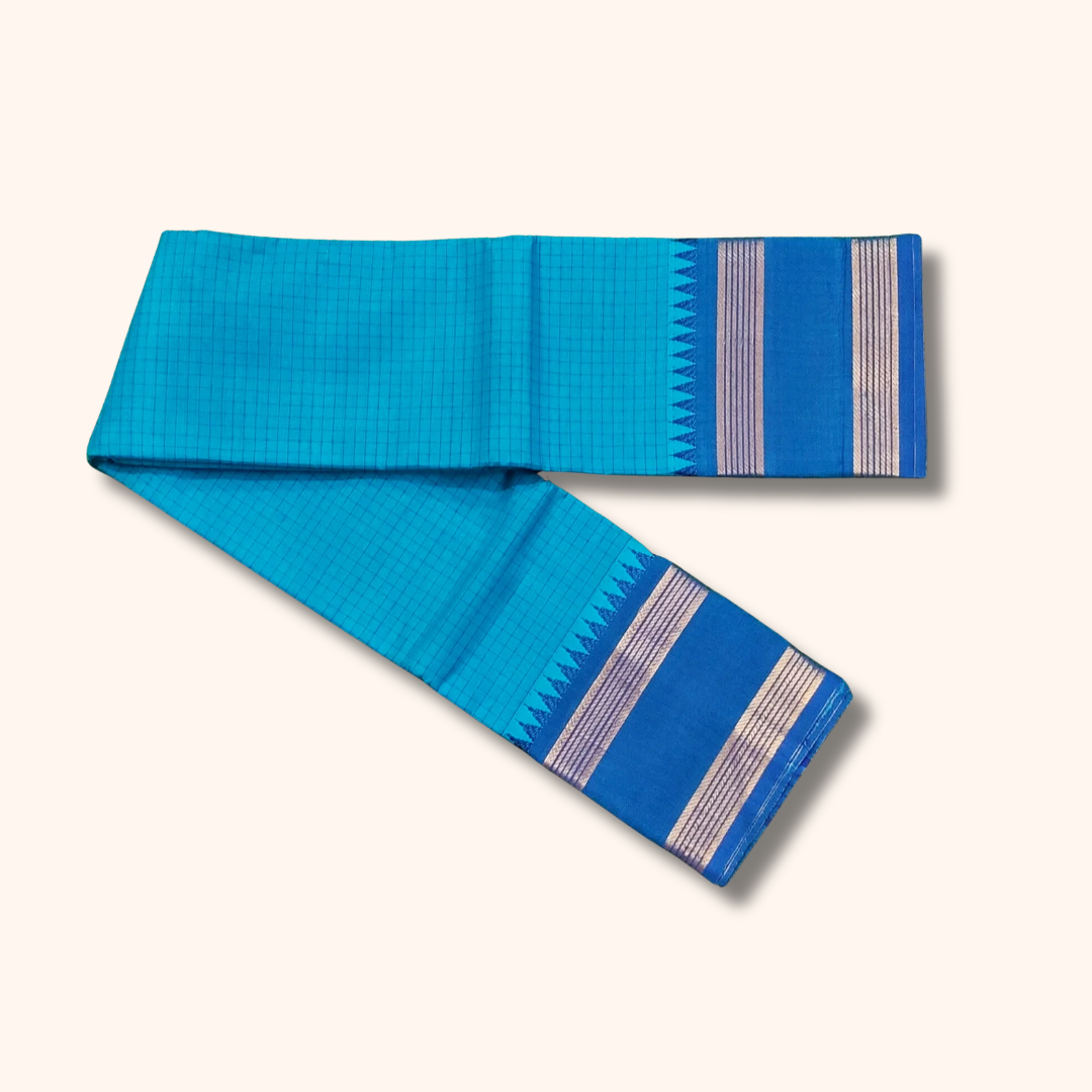 Sky Blue Chettinad Checks Saree – Simple Elegance, Timeless Tradition