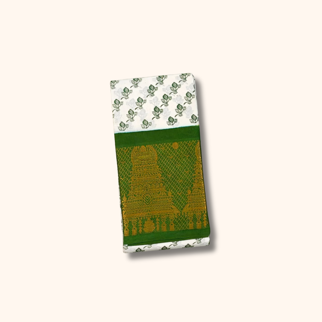 White Cotton Saree with Bottle Green Rich Temple Pallu