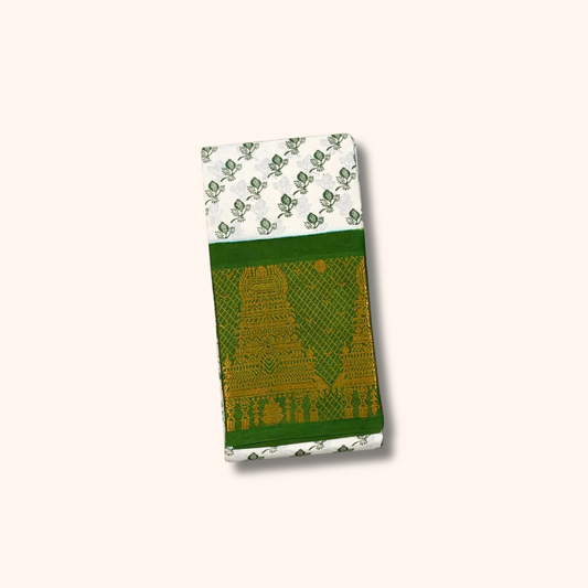 White Cotton Saree with Bottle Green Rich Temple Pallu