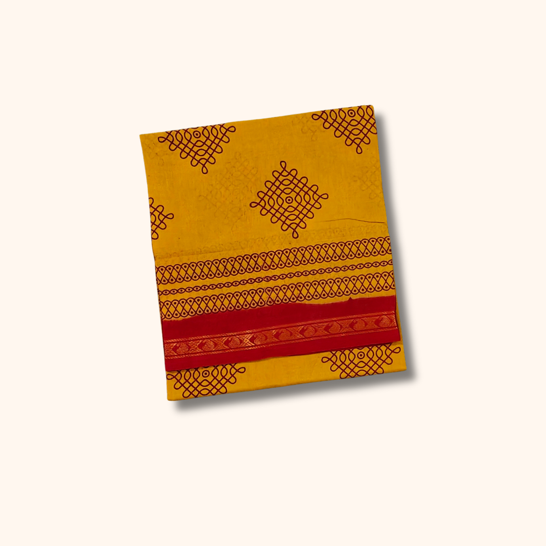 Mustard Yellow Sungudi Cotton Saree with Red Border