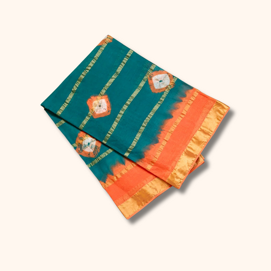 Teal Blue & Orange Cotton Saree with Gold Zari Stripes