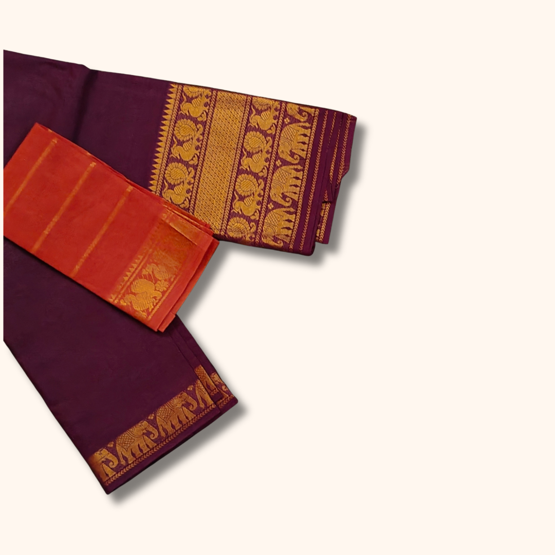 Wine Purple Pure Cotton Saree with Orange Contrast Blouse