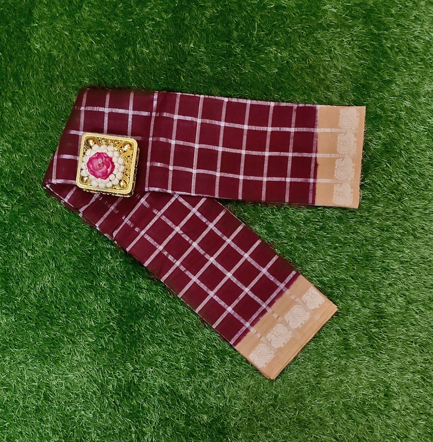 Beautiful Maroon Pavithra Kattam Cotton Saree with Silver Checks & Beige Zari Border