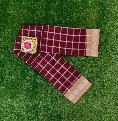 Beautiful Maroon Pavithra Kattam Cotton Saree with Silver Checks & Beige Zari Border