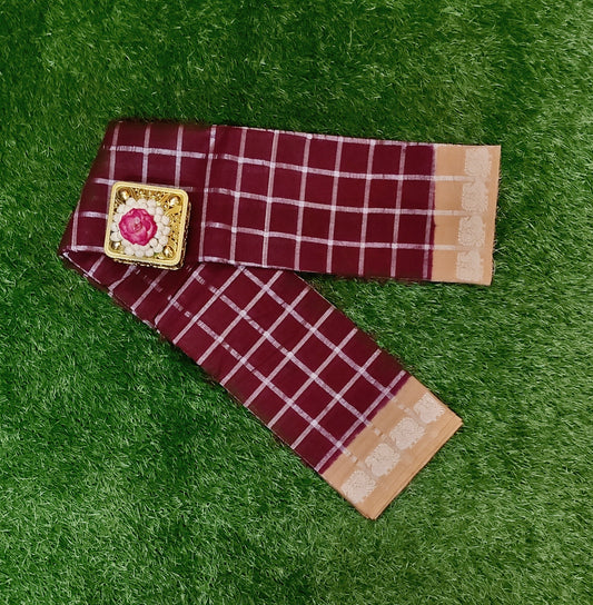 Beautiful Maroon Pavithra Kattam Cotton Saree with Silver Checks & Beige Zari Border