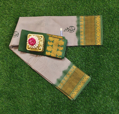 Beautiful Grey Sungudi Cotton Saree with Green Zari Border & Contrast Blouse