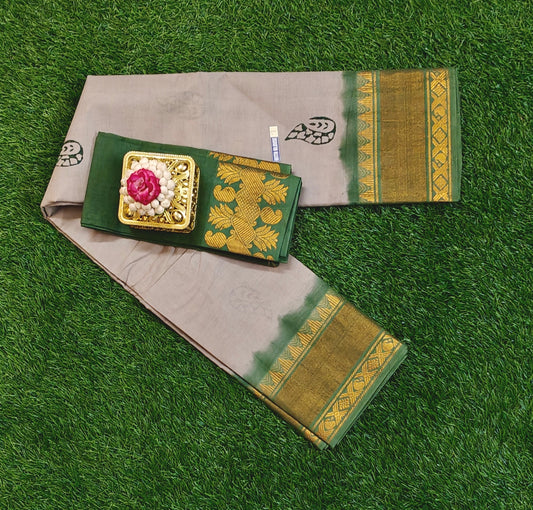 Beautiful Grey Sungudi Cotton Saree with Green Zari Border & Contrast Blouse