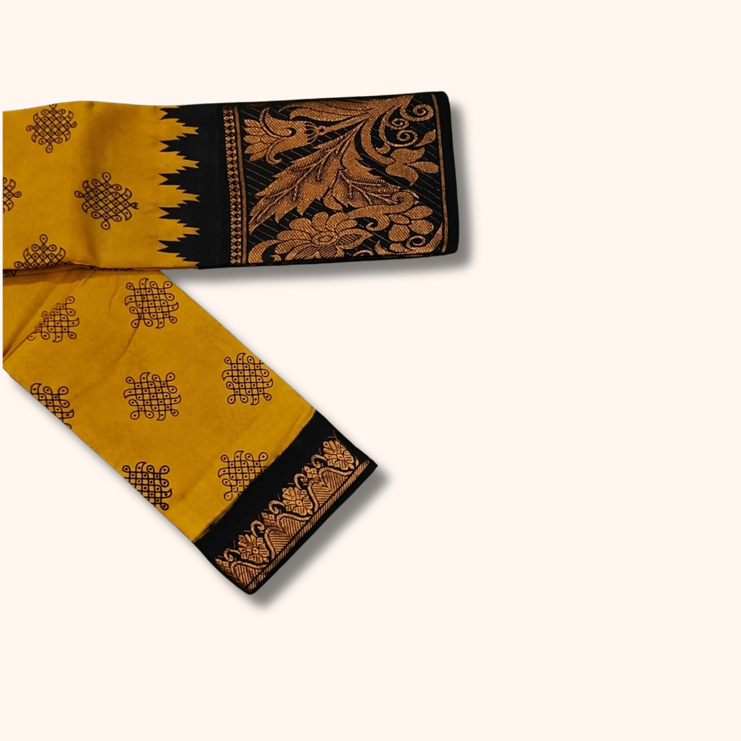 Mustard Yellow Kolam Print Cotton Saree with Black Floral Border