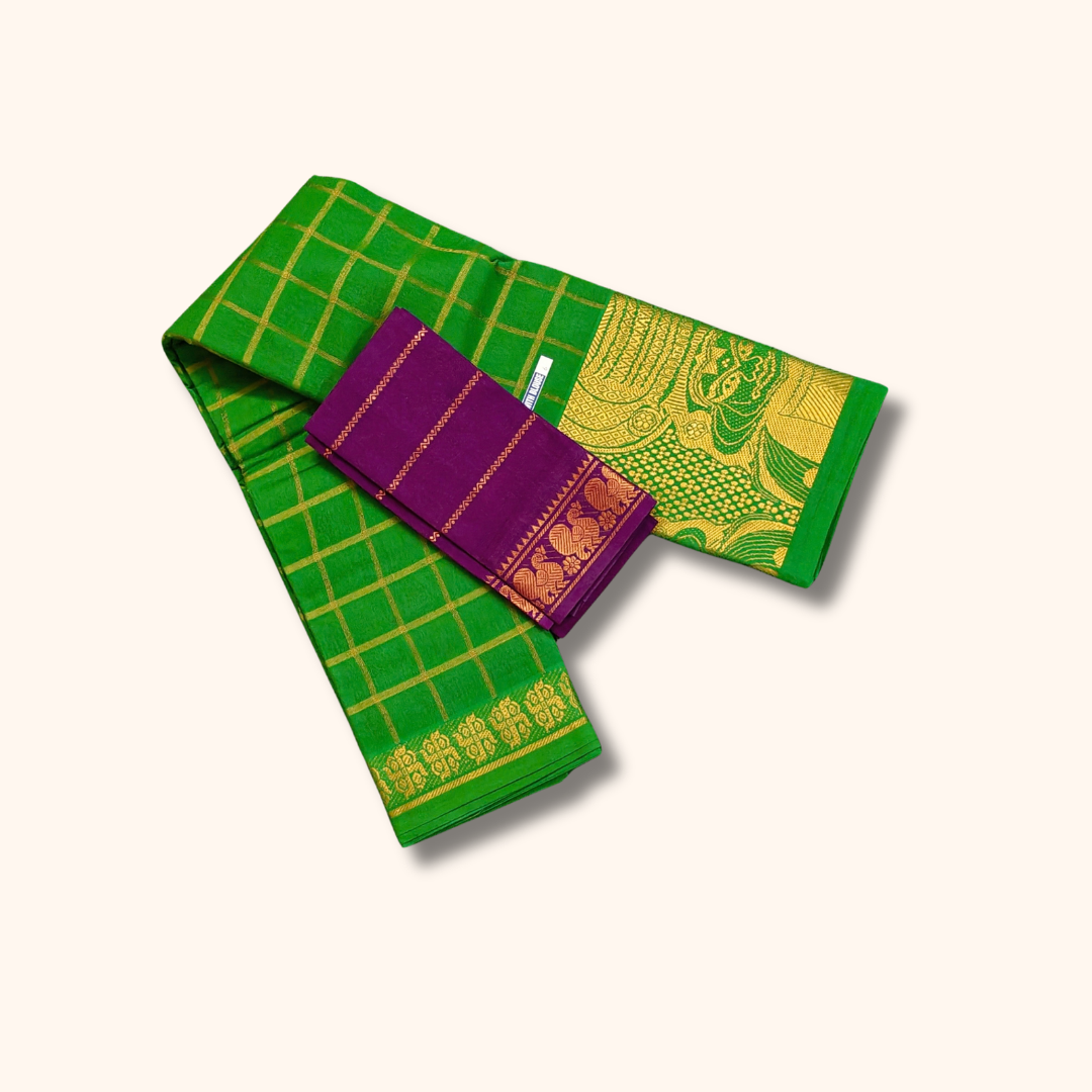 Green Sungudi Cotton Saree with Gold Zari Checks & Kathakali Border – Separate Blouse Piece