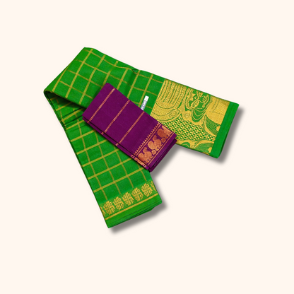 Green Sungudi Cotton Saree with Gold Zari Checks & Kathakali Border – Separate Blouse Piece
