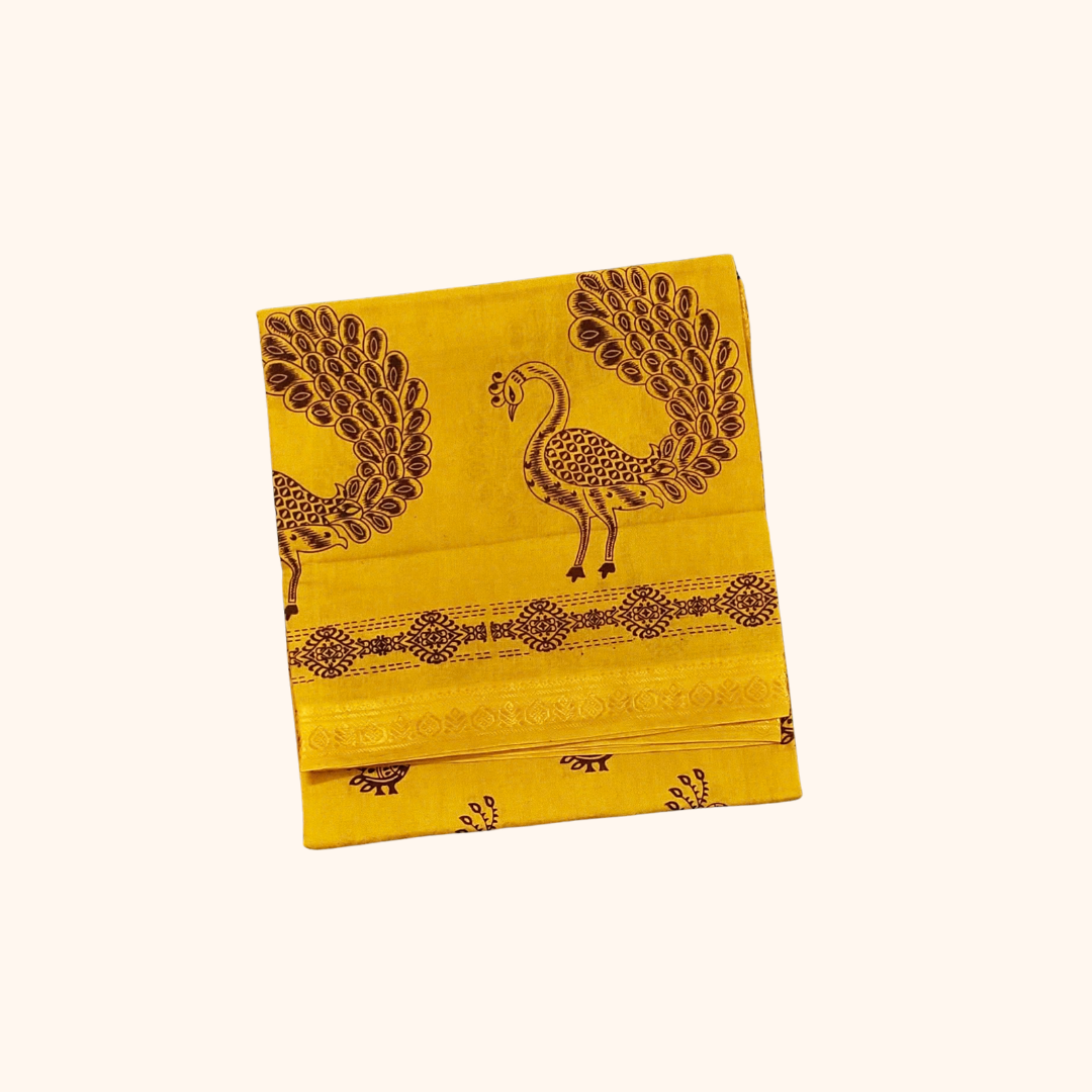 Mustard Yellow Sungudi Cotton Saree with Peacock Motifs & Traditional Zari Border – Without Blouse
