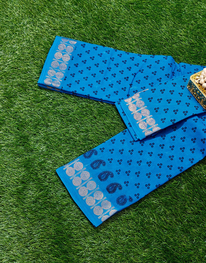 Authentic Sky Blue Sungudi Cotton Saree with Dotted Pattern & Paisley Zari Border