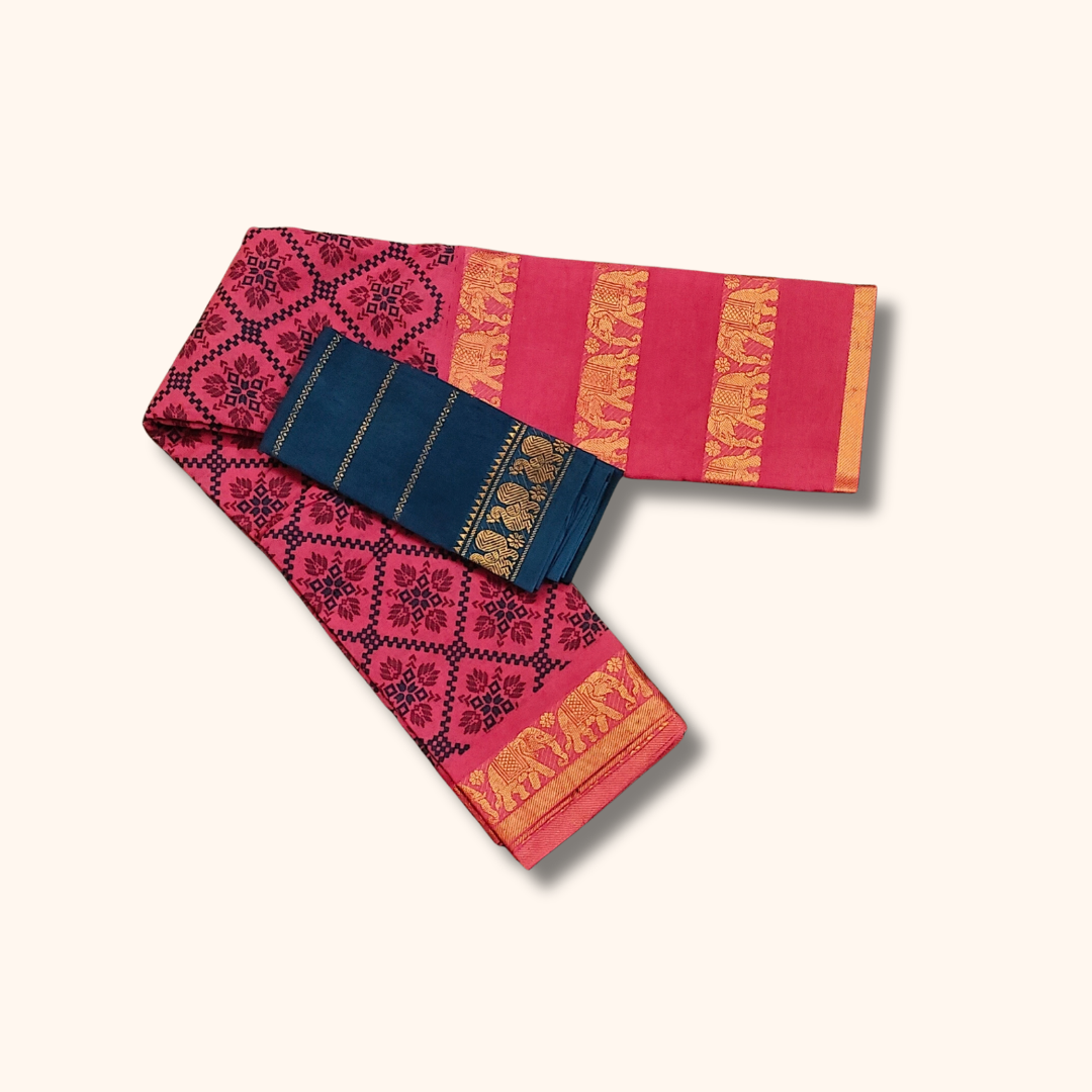 Red Pure Cotton Floral Printed Saree with Navy Blue Contrast Blouse