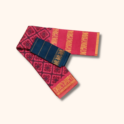 Red Pure Cotton Floral Printed Saree with Navy Blue Contrast Blouse