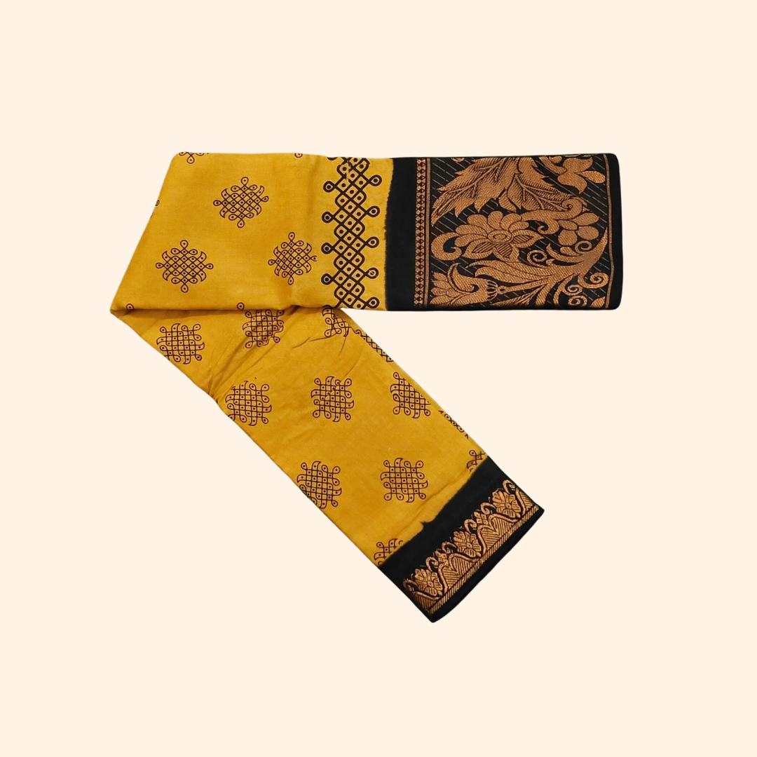 Mustard Yellow Kolam Cotton Saree with Black Floral Border