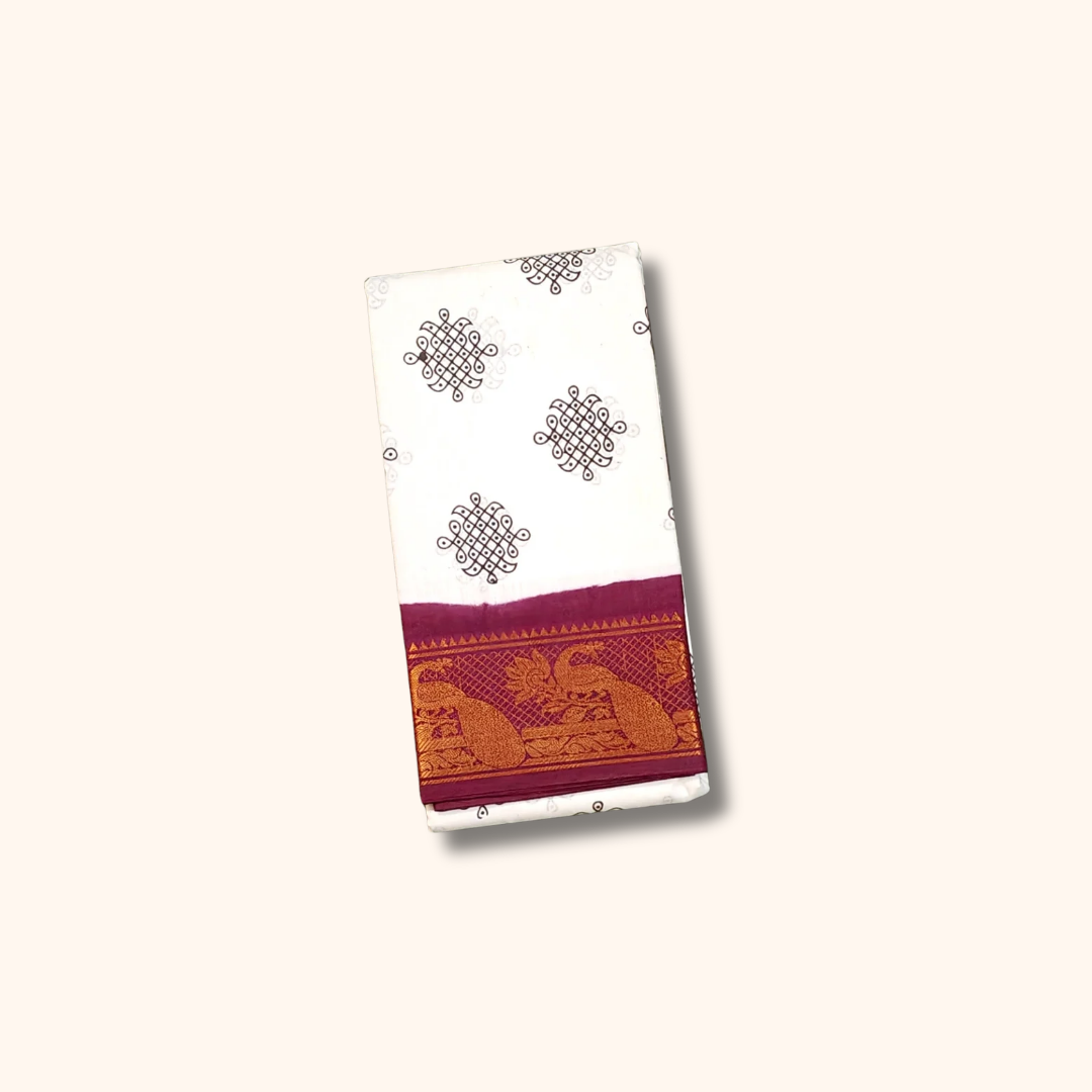 Off White Sungudi Cotton Saree with Maroon Peacock Border
