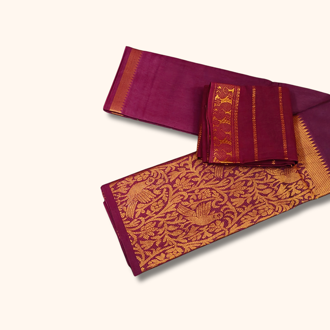 Wine Maroon Vasigara Pattern Sungudi Cotton Saree with Separate Blouse Piece