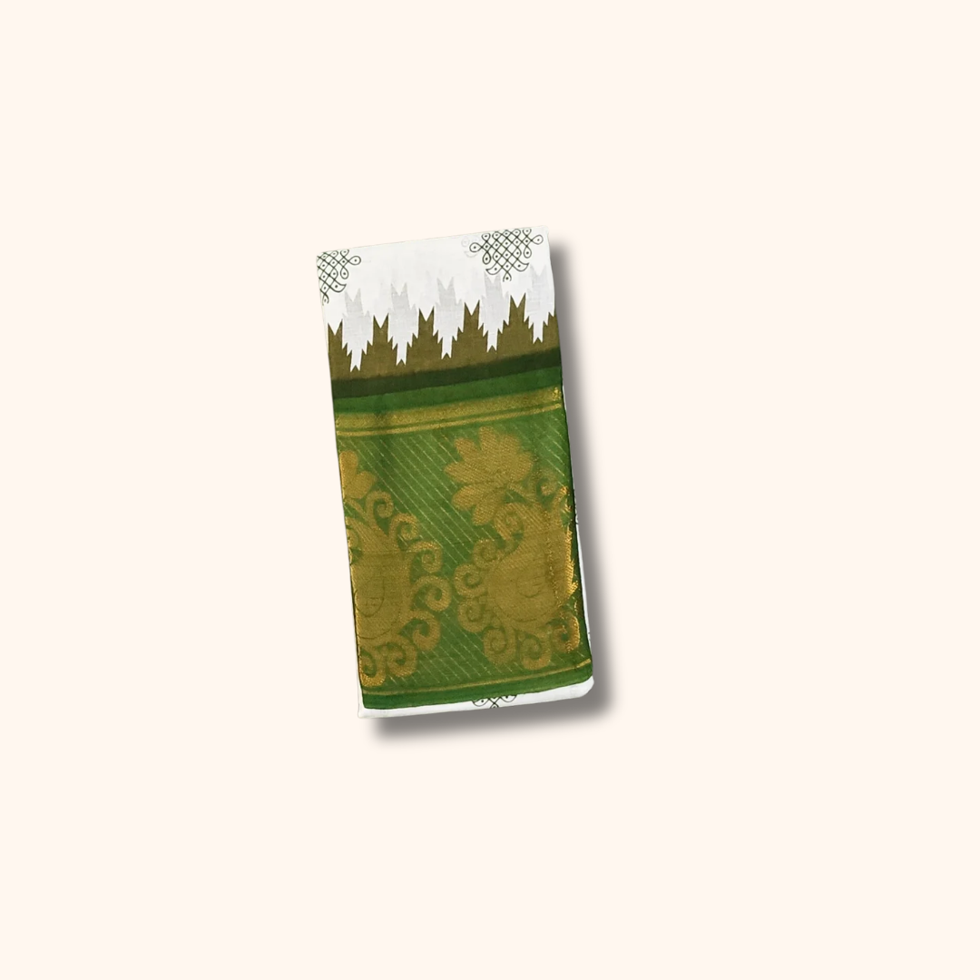 White & Bottle Green Traditional Sungudi Cotton Saree with Designer Green Zari Border