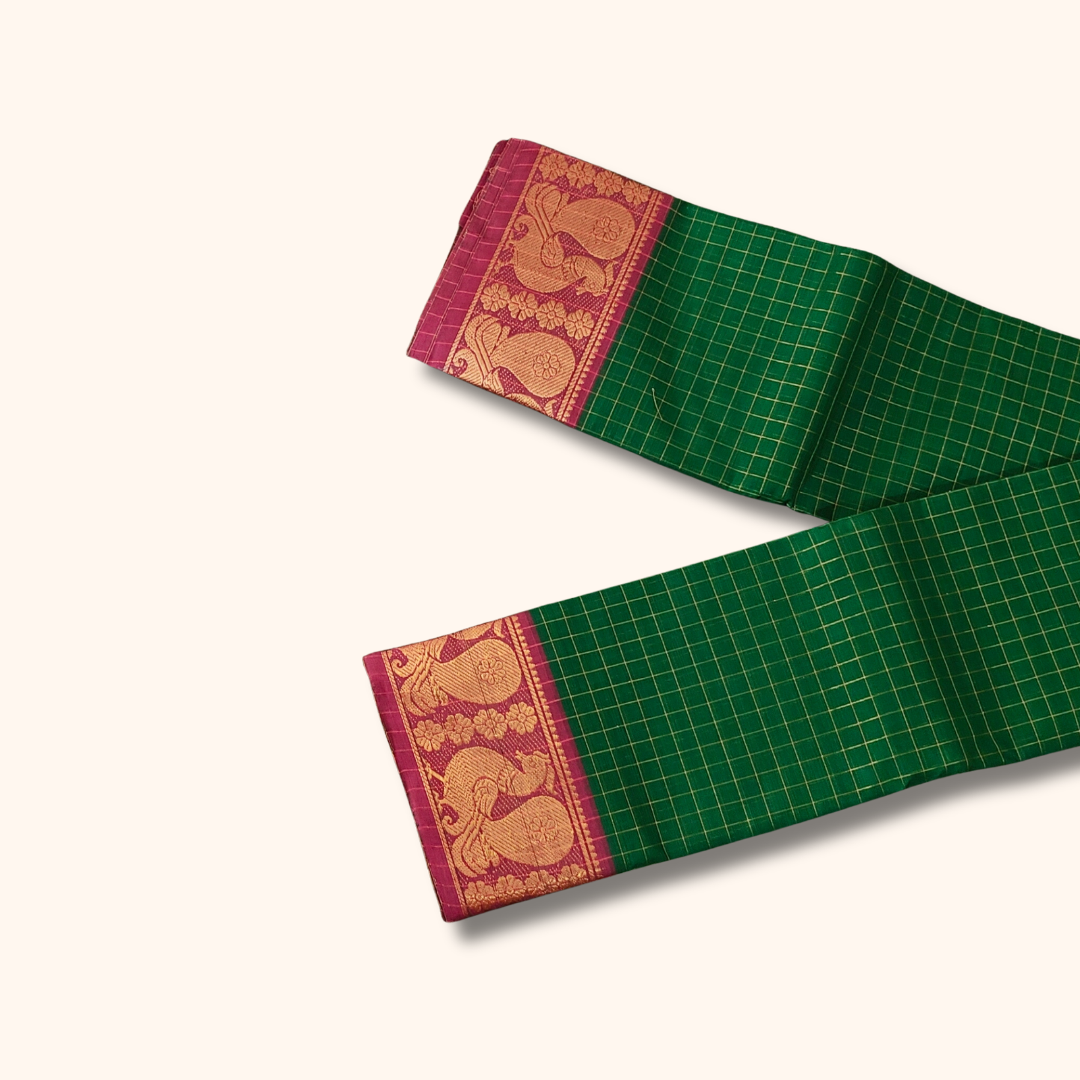 Beautiful Green Checked Chettinad Cotton Saree
