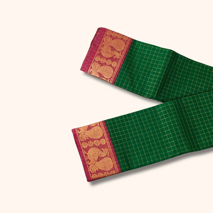 Beautiful Green Checked Chettinad Cotton Saree