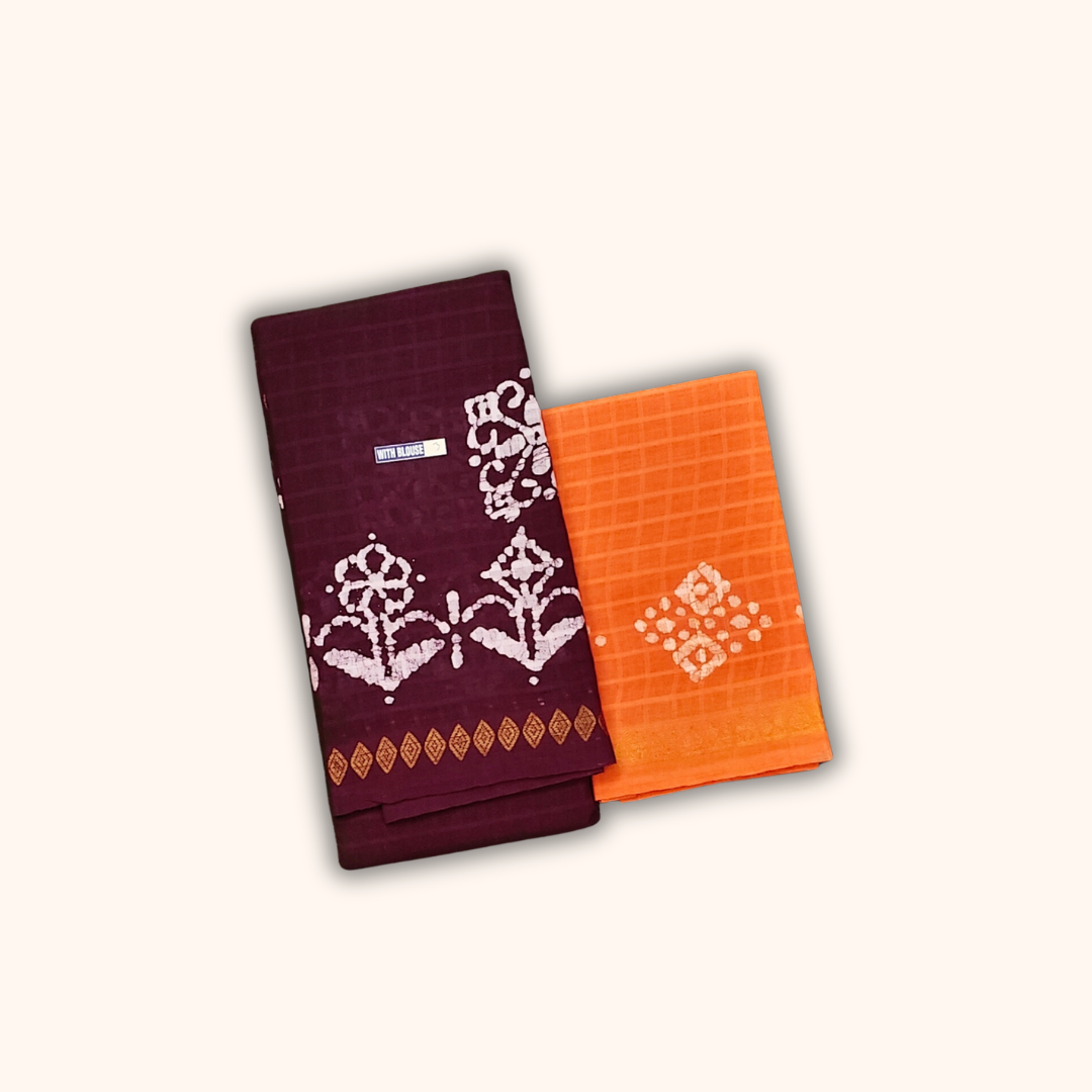 Maroon Floral Batik Print with Contrast Orange Blouse Piece Sungudi Cotton Saree